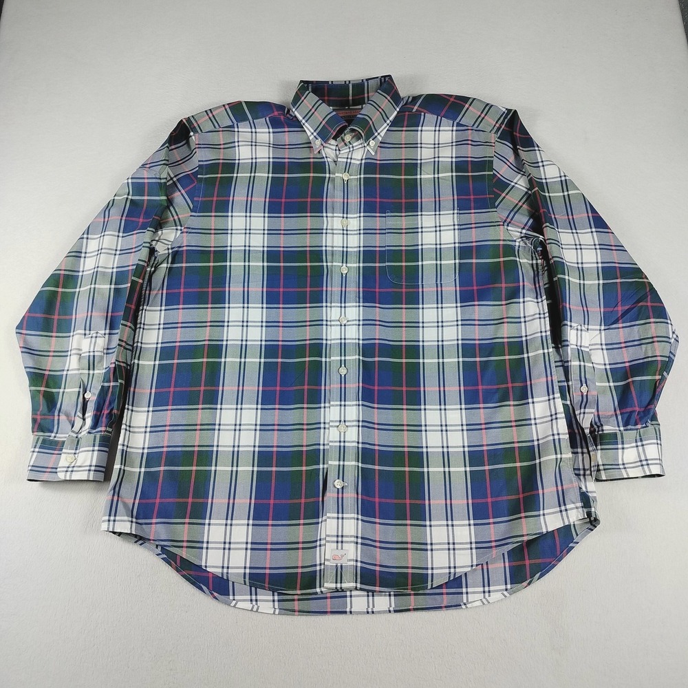 Vineyard Vines Murray Shirt Mens Large Blue Green Plaid Button Down Casual Whale